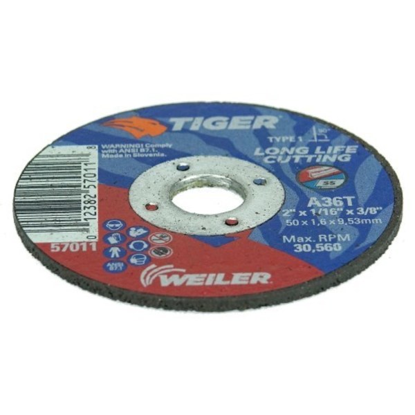 Weiler 2" x 1/16" TIGER AO Type 1 Cutting Wheel, A36T, 3/8" A.H. 57011